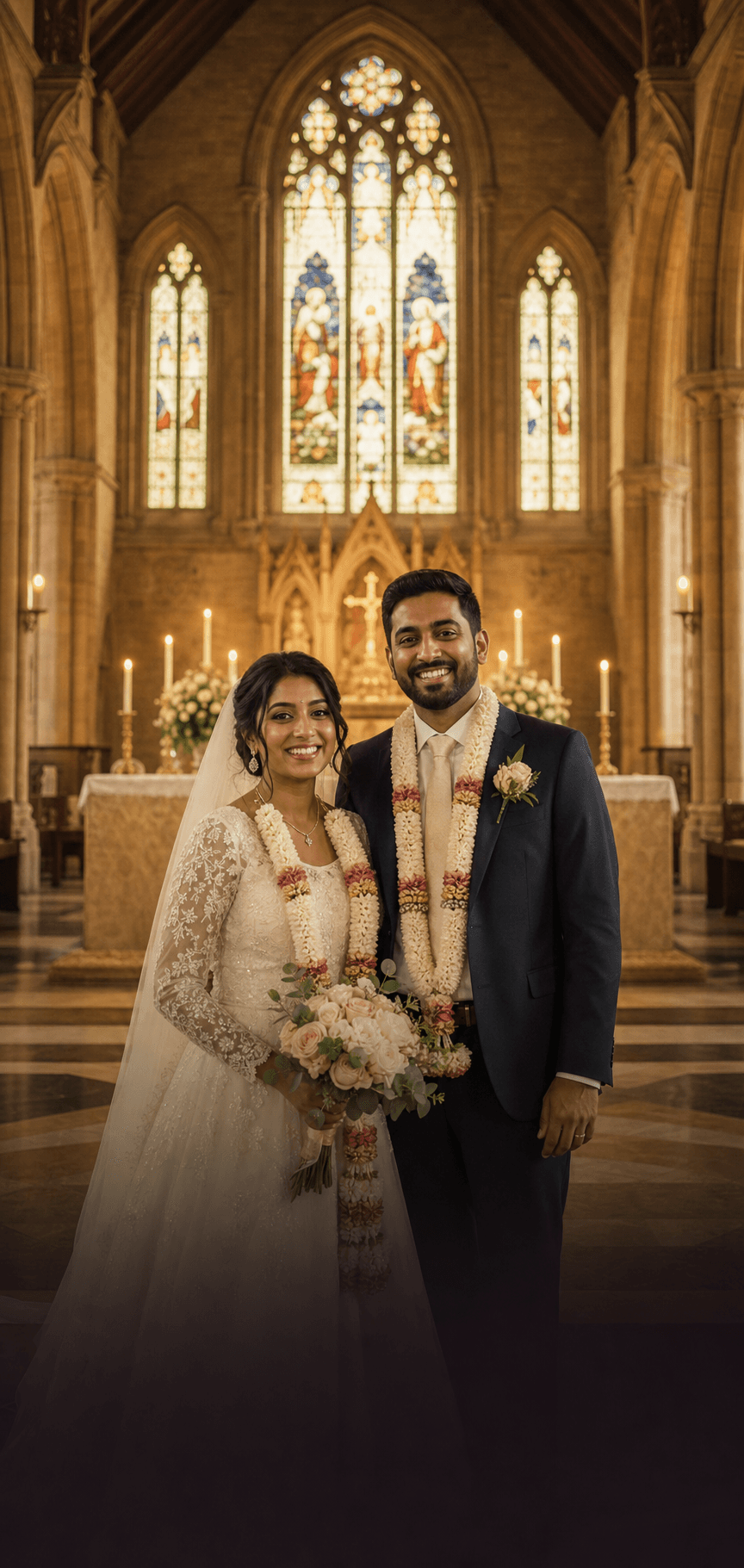 Christian bride and groom standing inside a church