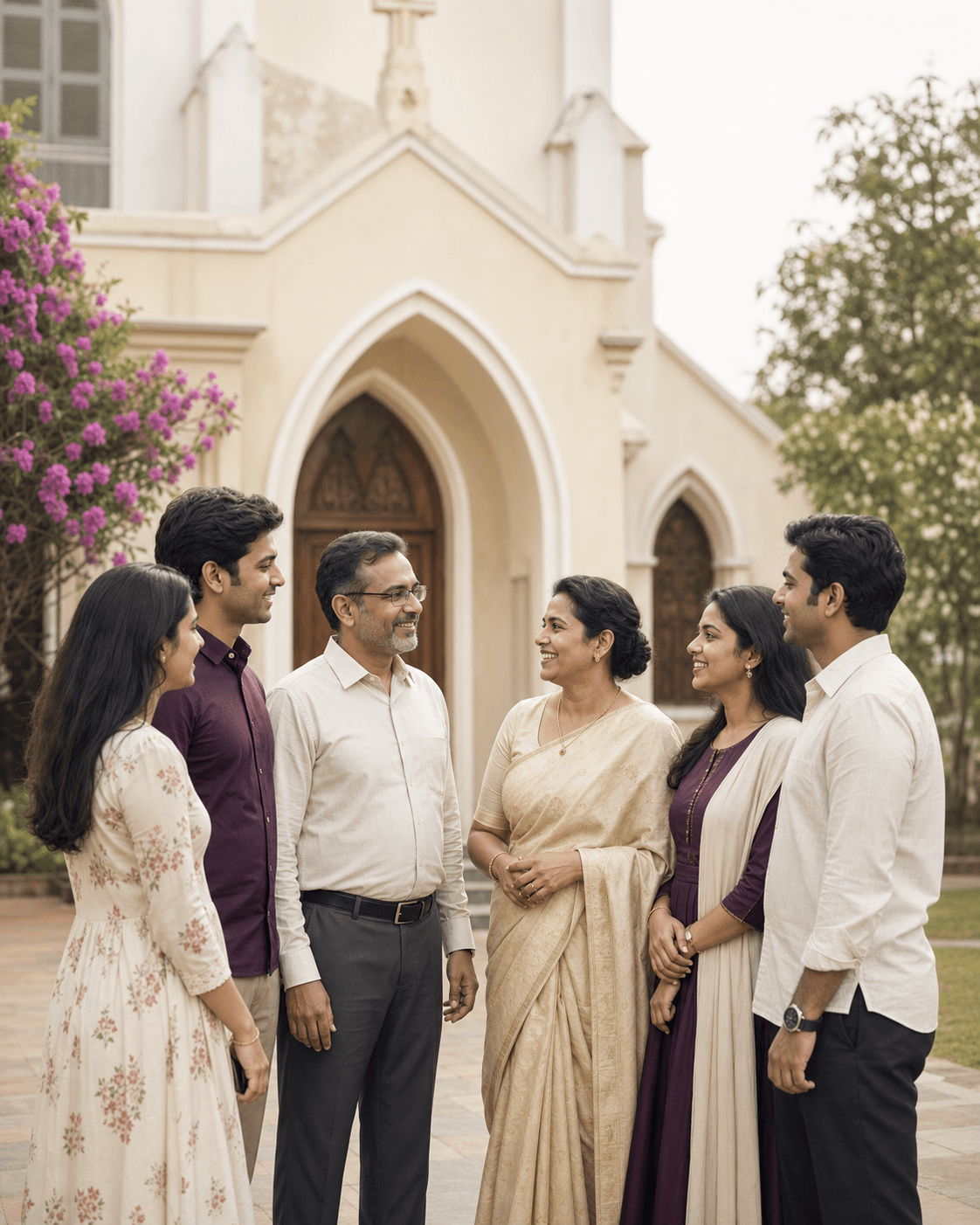 Two Indian Christian families meeting in a church courtyard