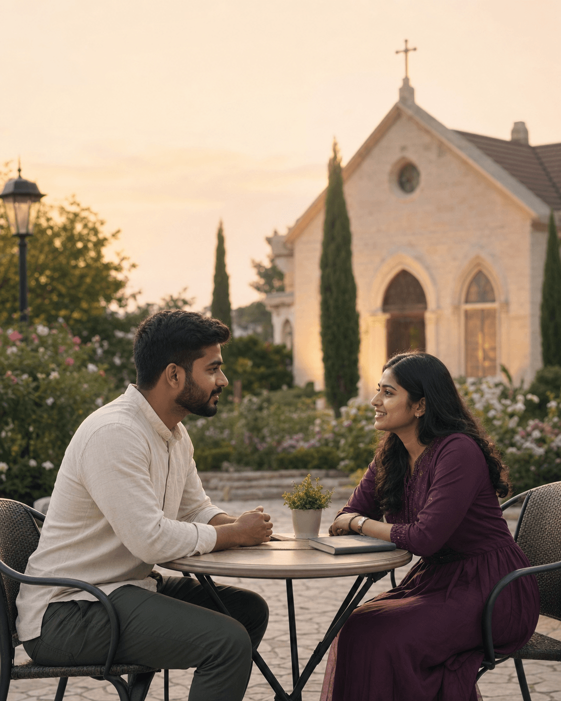 Indian Christian man and woman having a respectful conversation in a church garden