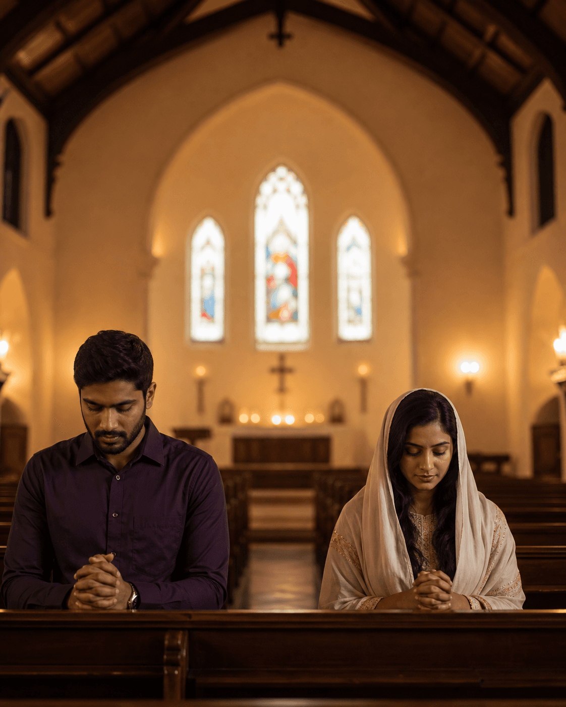 Young Indian Christian man and woman praying inside a chapel